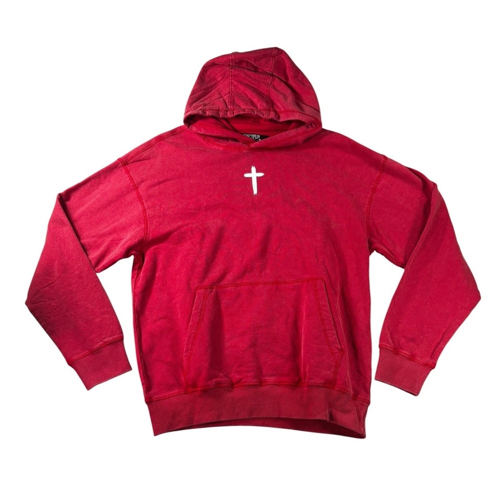 Ringspun Jesus Loves You Hoodie Men Medium Red Cross Graphic Streetwear Pullover